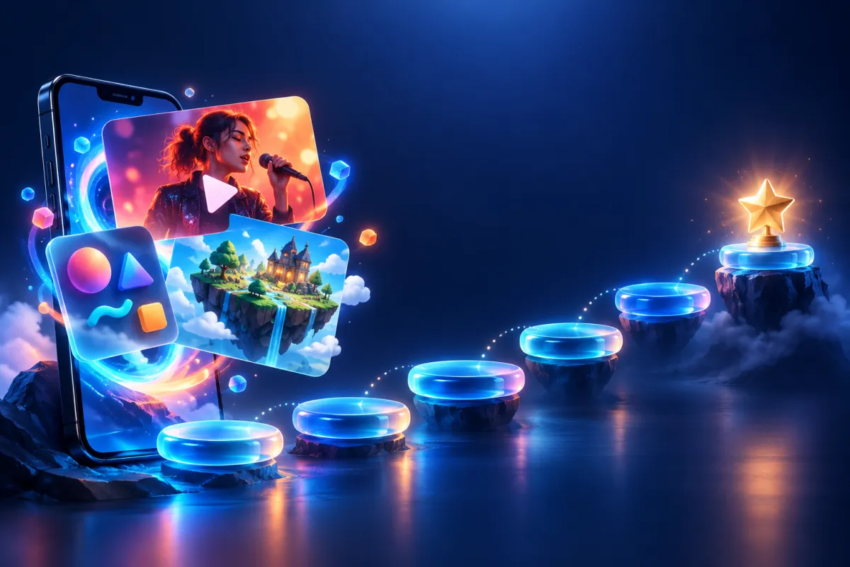 Your creation leaps out of your phone, then a glowing path of steps rises to a summit — build first, master later.