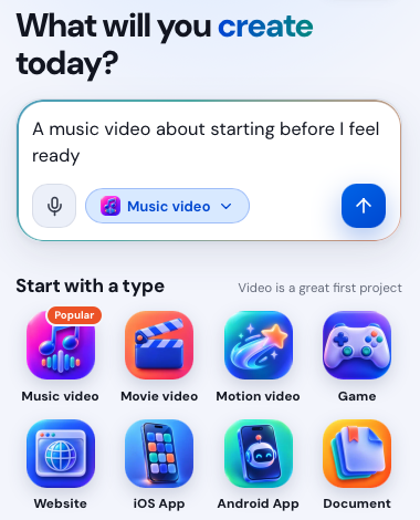 The Ntense create screen: What will you create today? with a prompt box and creation types.