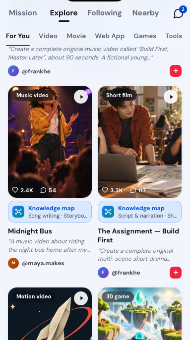 The Explore feed with Midnight Bus and The Assignment, each with a Knowledge map button.